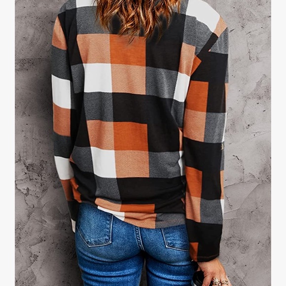 Women's Roll-Up Long Sleeve Plaid Shirt Tops - Picture 4 of 5